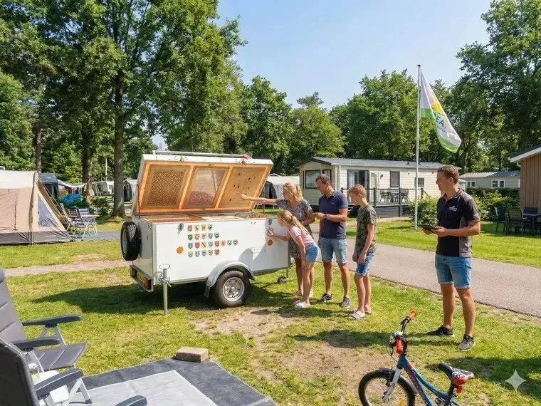 Sfeerimpressie: een gezin speelt de mobiele escaperoom op een vakantiepark